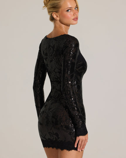 Black Embellished Lace-Trim Long-Sleeve Mini Dress