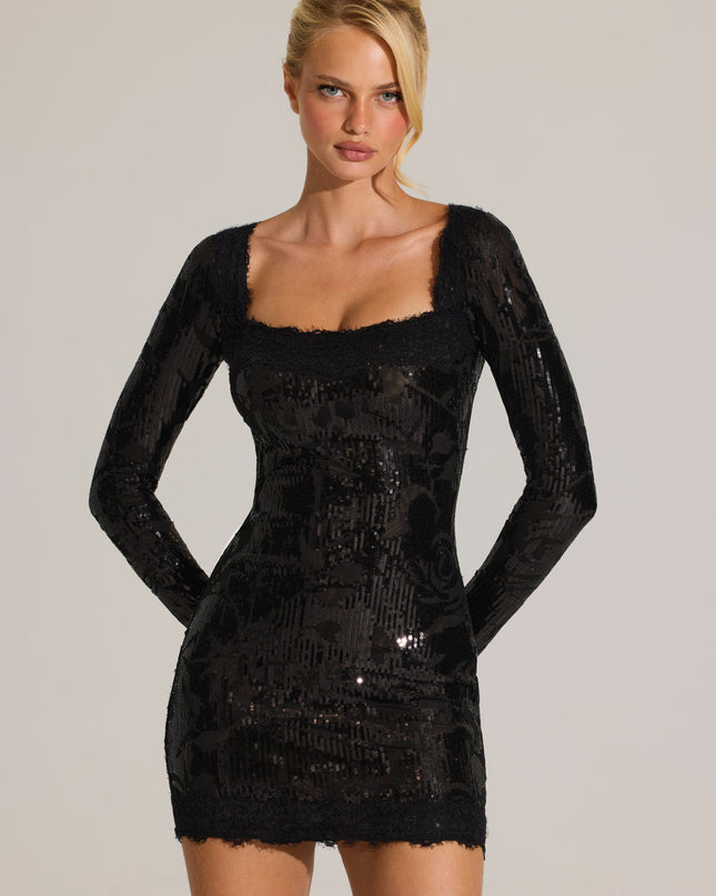 Black Embellished Lace-Trim Long-Sleeve Mini Dress