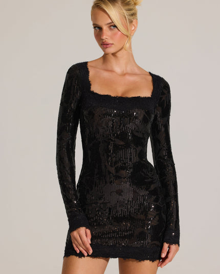 Black Embellished Lace-Trim Long-Sleeve Mini Dress