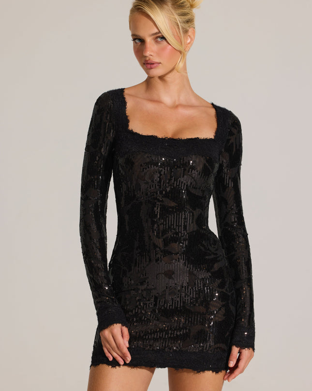 Black Embellished Lace-Trim Long-Sleeve Mini Dress