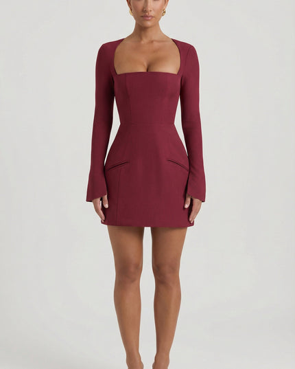 Wine Red Square-Neck Structured Tulip Mini Dress