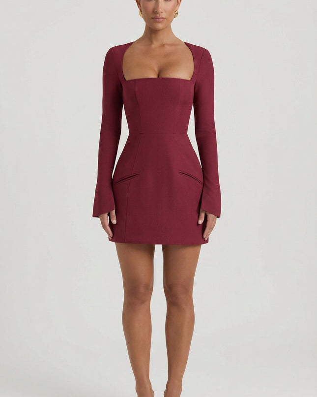 Wine Red Square-Neck Structured Tulip Mini Dress