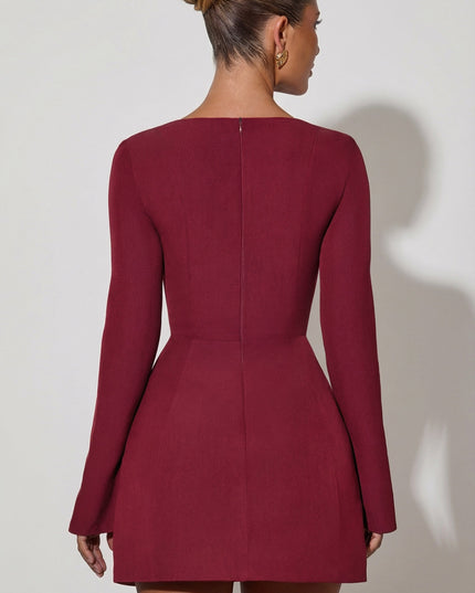 Wine Red Square-Neck Structured Tulip Mini Dress