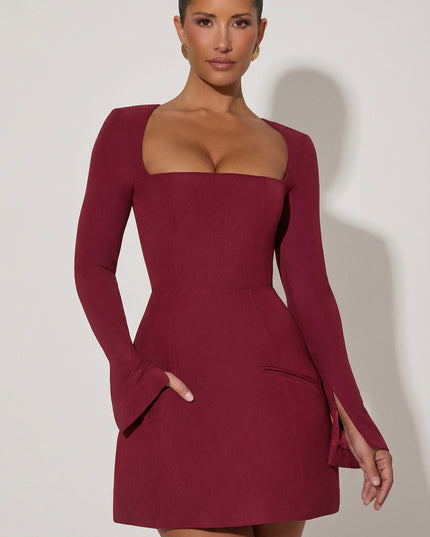 Wine Red Square-Neck Structured Tulip Mini Dress