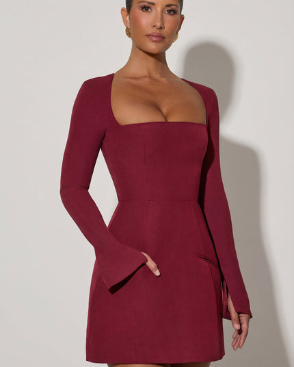 Wine Red Square-Neck Structured Tulip Mini Dress
