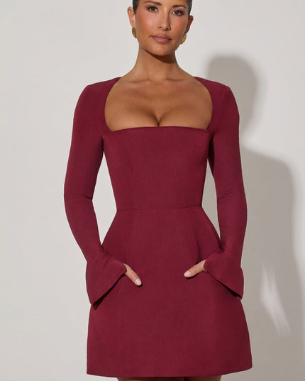 Wine Red Square-Neck Structured Tulip Mini Dress