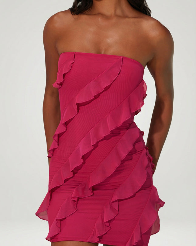 Raspberry Bandeau Ruffle Detail Mini Dress