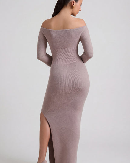 Taupe Ribbed-Knit Off-Shoulder Maxi Dress