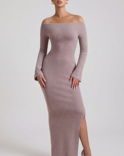 Taupe Ribbed-Knit Off-Shoulder Maxi Dress