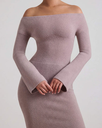 Taupe Ribbed-Knit Off-Shoulder Maxi Dress