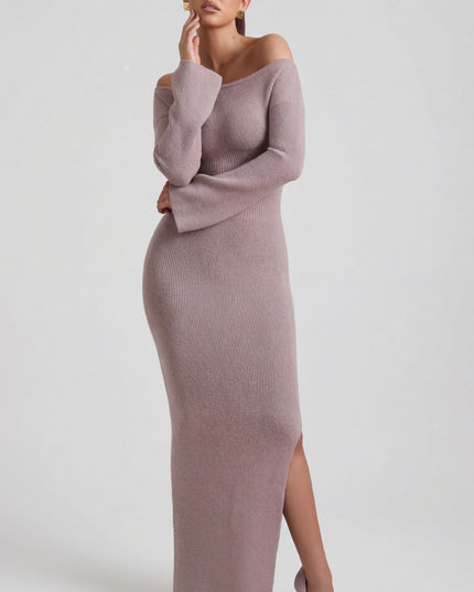 Taupe Ribbed-Knit Off-Shoulder Maxi Dress