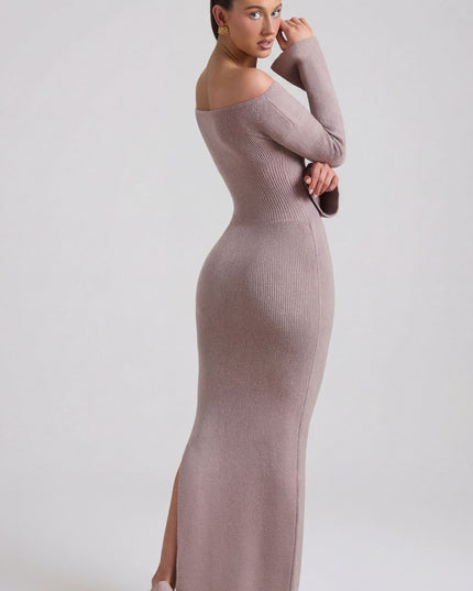 Taupe Ribbed-Knit Off-Shoulder Maxi Dress