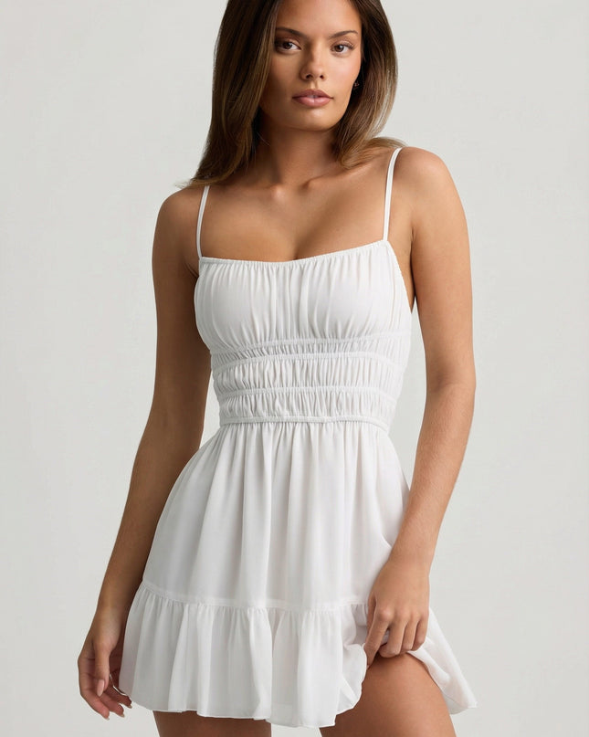 White Shirred Camisole Mini Dress