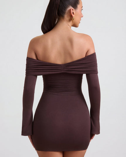 Espresso Modal-Cashmere Blend Off-Shoulder Ruched Mini Dress