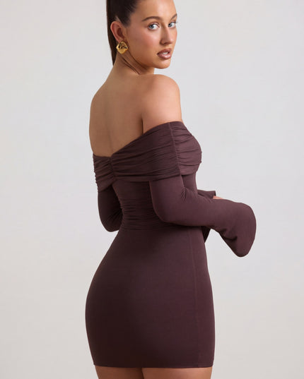 Espresso Modal-Cashmere Blend Off-Shoulder Ruched Mini Dress
