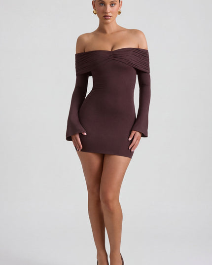 Espresso Modal-Cashmere Blend Off-Shoulder Ruched Mini Dress