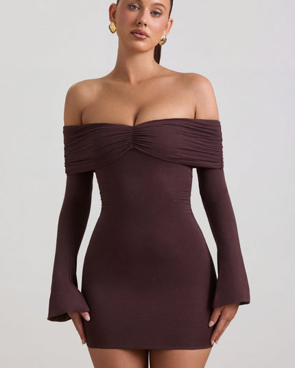 Espresso Modal-Cashmere Blend Off-Shoulder Ruched Mini Dress