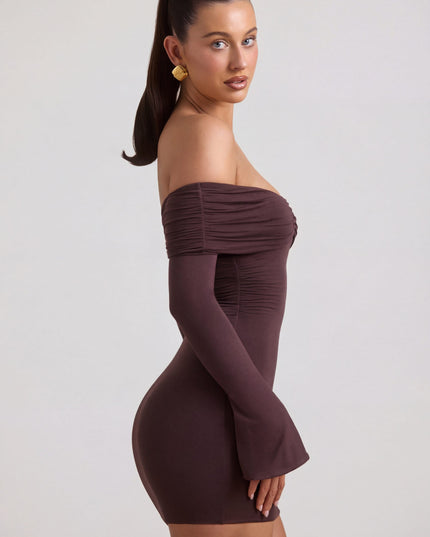 Espresso Modal-Cashmere Blend Off-Shoulder Ruched Mini Dress