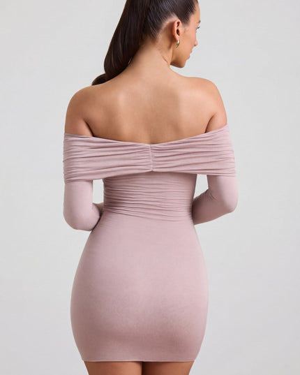 Taupe Modal-Cashmere Blend Off-Shoulder Ruched Mini Dress