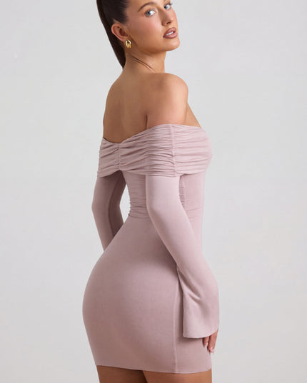 Taupe Modal-Cashmere Blend Off-Shoulder Ruched Mini Dress