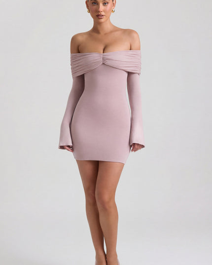 Taupe Modal-Cashmere Blend Off-Shoulder Ruched Mini Dress