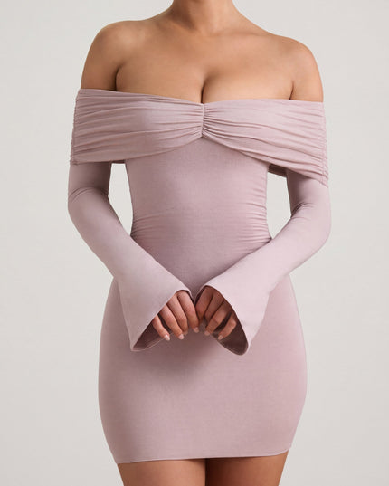 Taupe Modal-Cashmere Blend Off-Shoulder Ruched Mini Dress
