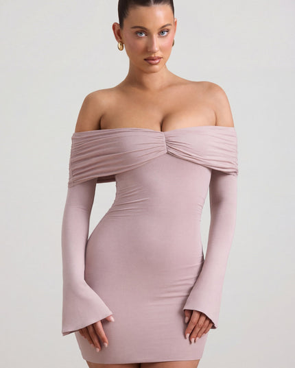 Taupe Modal-Cashmere Blend Off-Shoulder Ruched Mini Dress