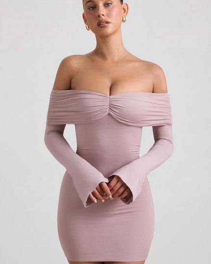 Taupe Modal-Cashmere Blend Off-Shoulder Ruched Mini Dress
