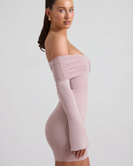 Taupe Modal-Cashmere Blend Off-Shoulder Ruched Mini Dress