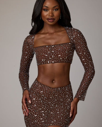 Deep Cocoa Sheer Embellished V Waist Mini Skirt