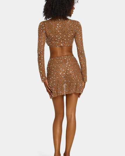 Mocha Sheer Embellished V Waist Mini Skirt