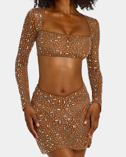 Mocha Sheer Embellished V Waist Mini Skirt