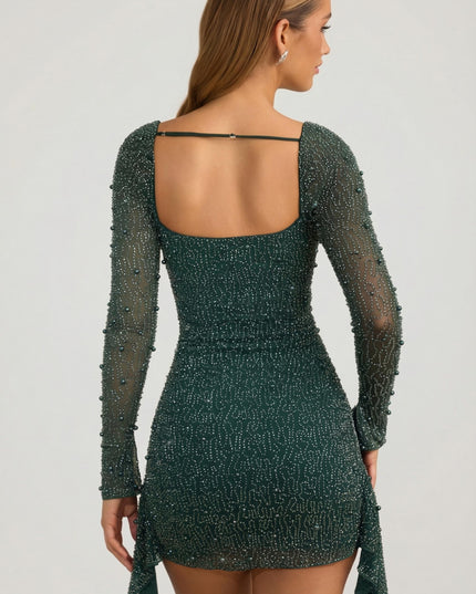 Emerald Green Embellished Cowl-Neck Draped Mini Dress