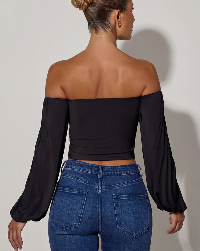 Black Off-Shoulder Draped Balloon-Sleeve Top