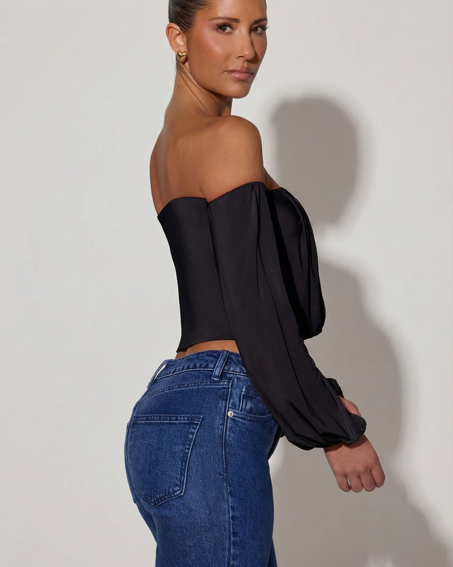 Black Off-Shoulder Draped Balloon-Sleeve Top