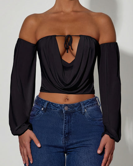 Black Off-Shoulder Draped Balloon-Sleeve Top