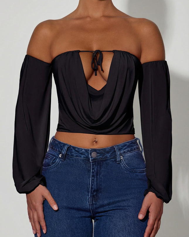 Black Off-Shoulder Draped Balloon-Sleeve Top