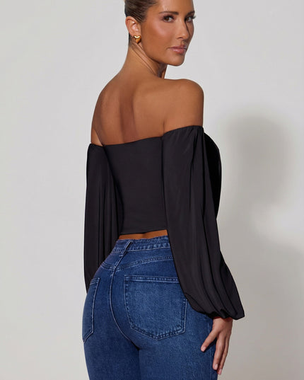 Black Off-Shoulder Draped Balloon-Sleeve Top