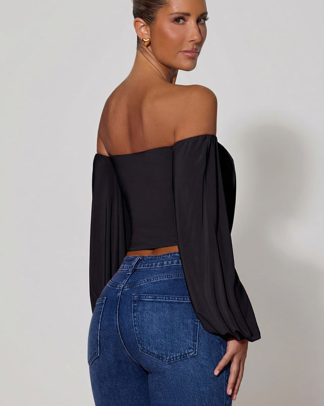 Black Off-Shoulder Draped Balloon-Sleeve Top