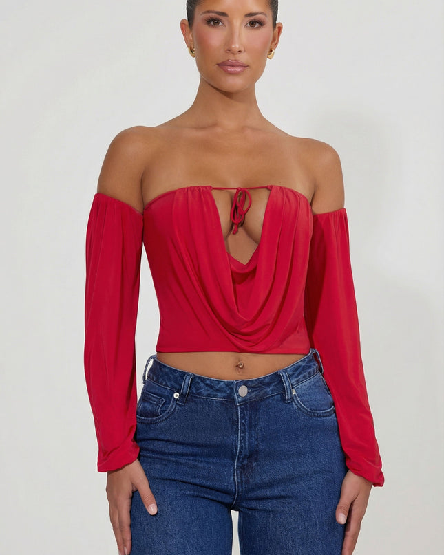 Red Off-Shoulder Draped Balloon-Sleeve Top