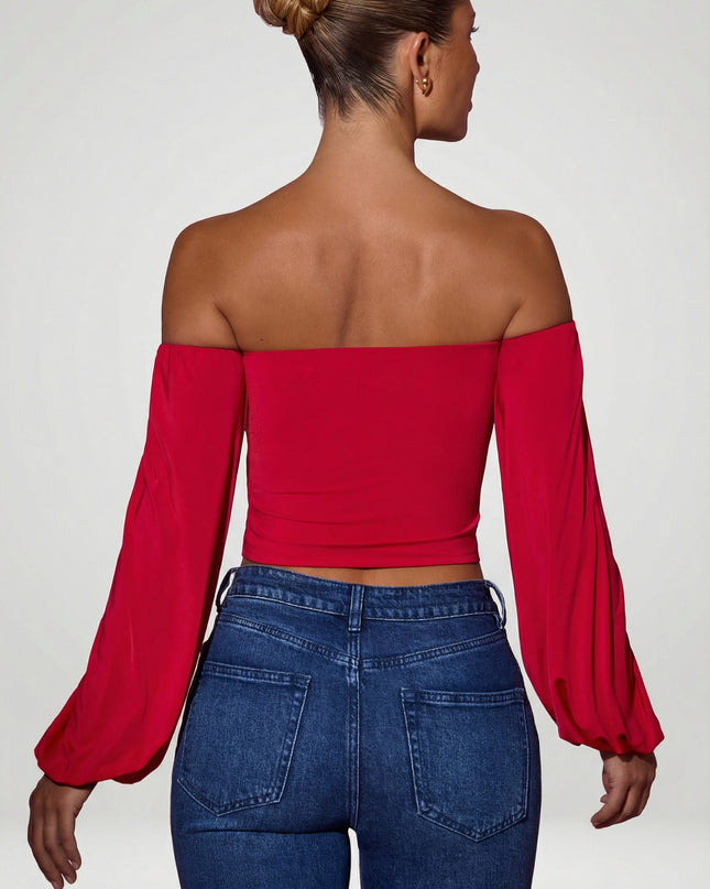 Red Off-Shoulder Draped Balloon-Sleeve Top