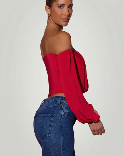 Red Off-Shoulder Draped Balloon-Sleeve Top