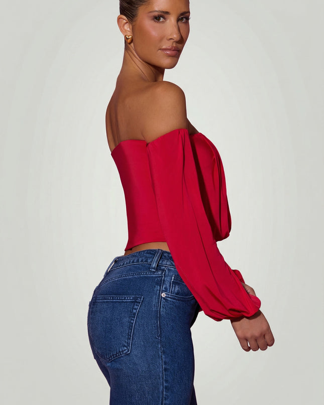 Red Off-Shoulder Draped Balloon-Sleeve Top