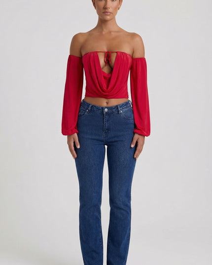 Red Off-Shoulder Draped Balloon-Sleeve Top