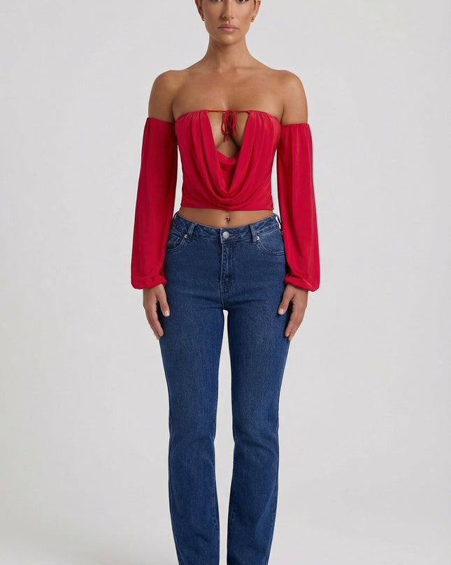 Red Off-Shoulder Draped Balloon-Sleeve Top