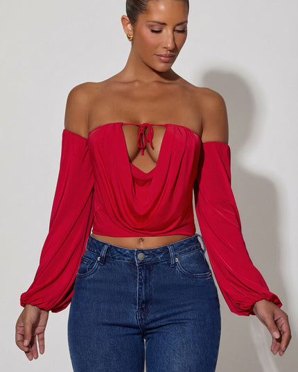 Red Off-Shoulder Draped Balloon-Sleeve Top