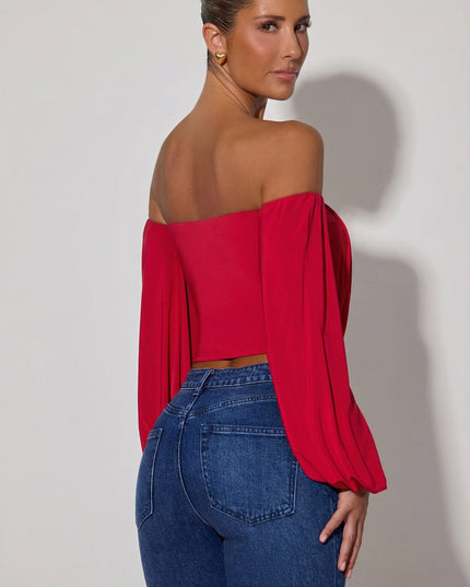 Red Off-Shoulder Draped Balloon-Sleeve Top