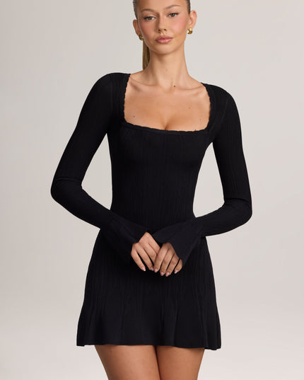 Black Knit Long-Sleeve Mini Dress