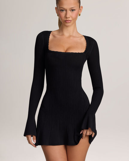 Black Knit Long-Sleeve Mini Dress