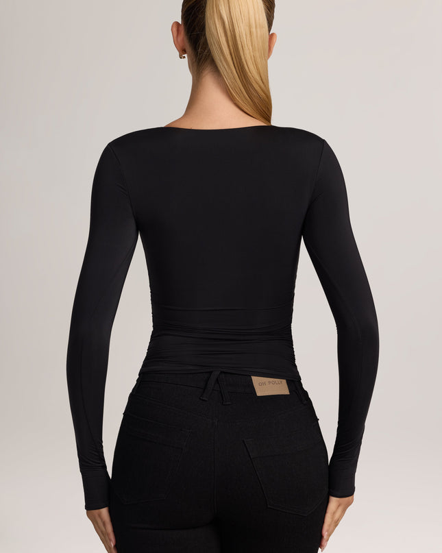 Black Soft Jersey Sweetheart Ruched Long-Sleeve Top